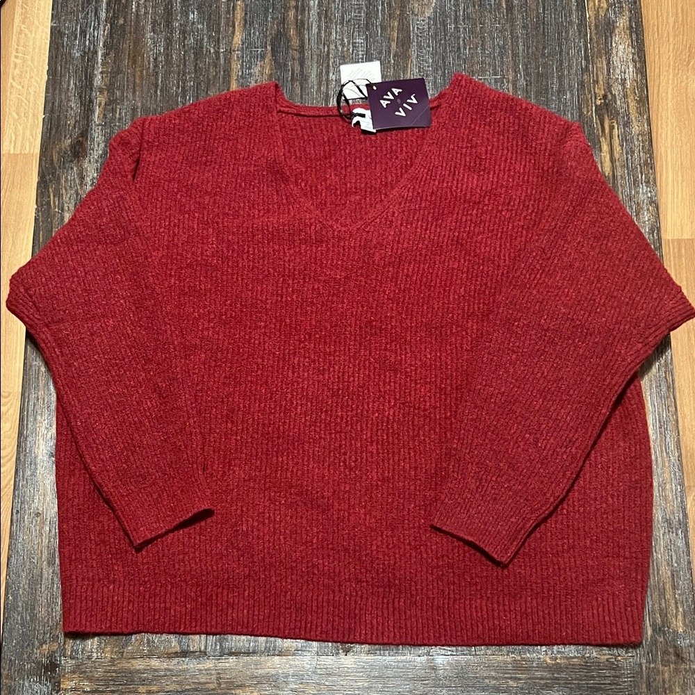 NWT Ava & Viv Red V-Neck Knit Sweater